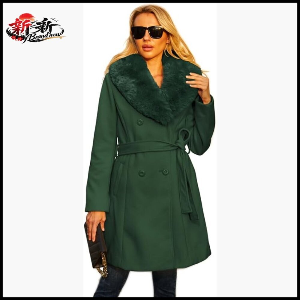 Faux Leather Pea Coat Women's Winter Trench Coat Double Breasted